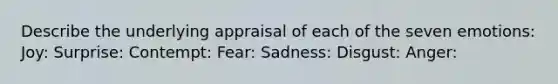 Describe the underlying appraisal of each of the seven emotions: Joy: Surprise: Contempt: Fear: Sadness: Disgust: Anger: