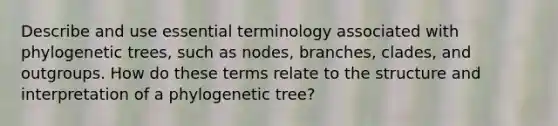 Describe and use essential terminology associated with phylogenetic trees, such as nodes, branches, clades, and outgroups. How do these terms relate to the structure and interpretation of a phylogenetic tree?