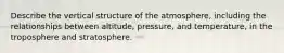 Describe the vertical structure of the atmosphere, including the relationships between altitude, pressure, and temperature, in the troposphere and stratosphere.