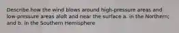 Describe how the wind blows around high-pressure areas and low-pressure areas aloft and near the surface a. in the Northern; and b. in the Southern Hemisphere