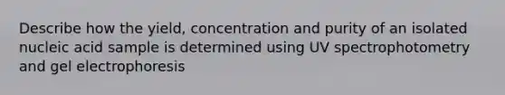 Describe how the yield, concentration and purity of an isolated nucleic acid sample is determined using UV spectrophotometry and gel electrophoresis