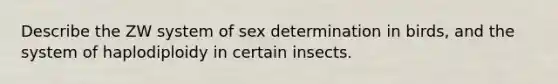 Describe the ZW system of sex determination in birds, and the system of haplodiploidy in certain insects.