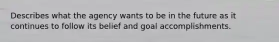 Describes what the agency wants to be in the future as it continues to follow its belief and goal accomplishments.