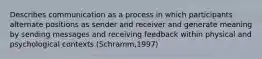 Describes communication as a process in which participants alternate positions as sender and receiver and generate meaning by sending messages and receiving feedback within physical and psychological contexts (Schramm,1997)