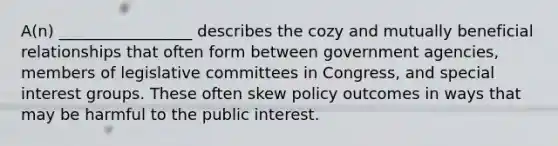 A(n) _________________ describes the cozy and mutually beneficial relationships that often form between government agencies, members of legislative committees in Congress, and special interest groups. These often skew policy outcomes in ways that may be harmful to the public interest.