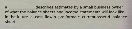 a ______________ describes estimates by a small business owner of what the balance sheets and income statements will look like in the future. a. cash flow b. pro forma c. current asset d. balance sheet