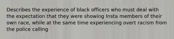 Describes the experience of black officers who must deal with the expectation that they were showing Insta members of their own race, while at the same time experiencing overt racism from the police calling