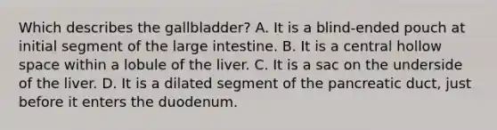 Which describes the gallbladder? A. It is a blind-ended pouch at initial segment of the large intestine. B. It is a central hollow space within a lobule of the liver. C. It is a sac on the underside of the liver. D. It is a dilated segment of the pancreatic duct, just before it enters the duodenum.