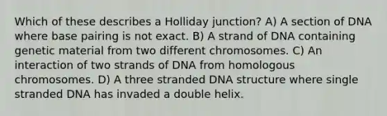 Which of these describes a Holliday junction? A) A section of DNA where base pairing is not exact. B) A strand of DNA containing genetic material from two different chromosomes. C) An interaction of two strands of DNA from homologous chromosomes. D) A three stranded DNA structure where single stranded DNA has invaded a double helix.