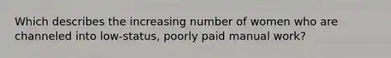 Which describes the increasing number of women who are channeled into low-status, poorly paid manual work?