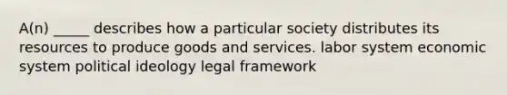 A(n) _____ describes how a particular society distributes its resources to produce goods and services. labor system economic system political ideology legal framework