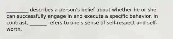 _________ describes a person's belief about whether he or she can successfully engage in and execute a specific behavior. In contrast, _______ refers to one's sense of self-respect and self-worth.