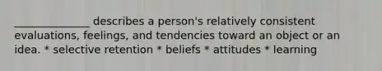 ______________ describes a person's relatively consistent evaluations, feelings, and tendencies toward an object or an idea. * selective retention * beliefs * attitudes * learning