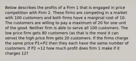 Below describes the profits of a Firm 1 that is engaged in price competition with Firm 2. These firms are competing in a market with 100 customers and both firms have a marginal cost of 10. The customers are willing to pay a maximum of 20 for one unit of the good. Neither firm is able to serve all 100 customers. The low price firm gets 80 customers (as that is the most it can serve) the high price firm gets 20 customers. If the firms charge the same price P1=P2 then they each have the same number of customers. If P2 =12 how much profit does firm 1 make if it charges 12?