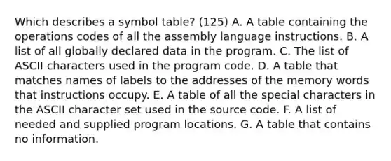 Which describes a symbol table? (125) A. A table containing the operations codes of all the assembly language instructions. B. A list of all globally declared data in the program. C. The list of ASCII characters used in the program code. D. A table that matches names of labels to the addresses of the memory words that instructions occupy. E. A table of all the special characters in the ASCII character set used in the source code. F. A list of needed and supplied program locations. G. A table that contains no information.