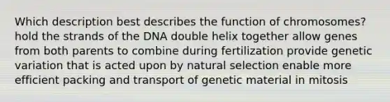 Which description best describes the function of chromosomes? hold the strands of the DNA double helix together allow genes from both parents to combine during fertilization provide genetic variation that is acted upon by natural selection enable more efficient packing and transport of genetic material in mitosis