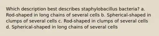 Which description best describes staphylobacillus bacteria? a. Rod-shaped in long chains of several cells b. Spherical-shaped in clumps of several cells c. Rod-shaped in clumps of several cells d. Spherical-shaped in long chains of several cells