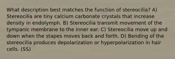 What description best matches the function of stereocilia? A) Stereocilia are tiny calcium carbonate crystals that increase density in endolymph. B) Stereocilia transmit movement of the tympanic membrane to the inner ear. C) Stereocilia move up and down when the stapes moves back and forth. D) Bending of the stereocilia produces depolarization or hyperpolarization in hair cells. (SS)