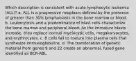 Which description is consistent with acute lymphocytic leukemia (ALL)? a. ALL is a progressive neoplasm defined by the presence of greater than 30% lymphoblasts in the bone marrow or blood. b. Leukocytosis and a predominance of blast cells characterize the bone marrow and peripheral blood. As the immature blasts increase, they replace normal myelocytic cells, megakaryocytes, and erythrocytes. c. B cells fail to mature into plasma cells that synthesize immunoglobulins. d. The translocation of genetic material from genes 9 and 22 create an abnormal, fused gene identified as BCR-ABL.