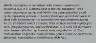 Which description is consistent with chronic lymphocytic leukemia (CLL)? a. Defects exist in the ras oncogene, TP53 tumor-suppressor gene, and INK4A, the gene encoding a cell-cycle regulatory protein. b. Leukocytosis and a predominance of blast cells characterize the bone marrow and peripheral blood. As the immature blasts increase, they replace normal myelocytic cells, megakaryocytes, and erythrocytes. c. B cells fail to mature into plasma cells that synthesize immunoglobulins. d. The translocation of genetic material from genes 9 and 22 creates an abnormal, fused protein identified as BCR-ABL.