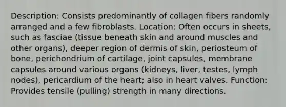 Description: Consists predominantly of collagen fibers randomly arranged and a few fibroblasts. Location: Often occurs in sheets, such as fasciae (tissue beneath skin and around muscles and other organs), deeper region of dermis of skin, periosteum of bone, perichondrium of cartilage, joint capsules, membrane capsules around various organs (kidneys, liver, testes, lymph nodes), pericardium of the heart; also in heart valves. Function: Provides tensile (pulling) strength in many directions.