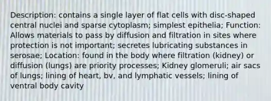 Description: contains a single layer of flat cells with disc-shaped central nuclei and sparse cytoplasm; simplest epithelia; Function: Allows materials to pass by diffusion and filtration in sites where protection is not important; secretes lubricating substances in serosae; Location: found in the body where filtration (kidney) or diffusion (lungs) are priority processes; Kidney glomeruli; air sacs of lungs; lining of heart, bv, and lymphatic vessels; lining of ventral body cavity