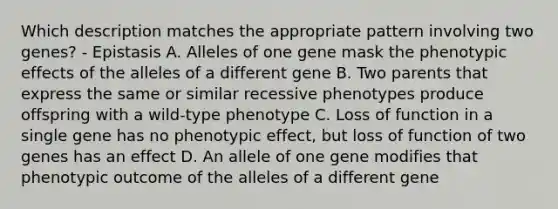 Which description matches the appropriate pattern involving two genes? - Epistasis A. Alleles of one gene mask the phenotypic effects of the alleles of a different gene B. Two parents that express the same or similar recessive phenotypes produce offspring with a wild-type phenotype C. Loss of function in a single gene has no phenotypic effect, but loss of function of two genes has an effect D. An allele of one gene modifies that phenotypic outcome of the alleles of a different gene