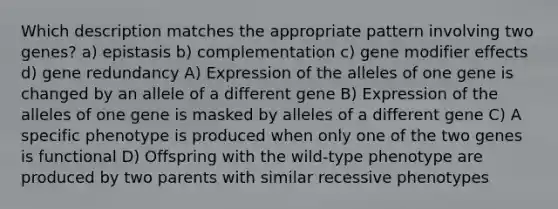 Which description matches the appropriate pattern involving two genes? a) epistasis b) complementation c) gene modifier effects d) gene redundancy A) Expression of the alleles of one gene is changed by an allele of a different gene B) Expression of the alleles of one gene is masked by alleles of a different gene C) A specific phenotype is produced when only one of the two genes is functional D) Offspring with the wild-type phenotype are produced by two parents with similar recessive phenotypes