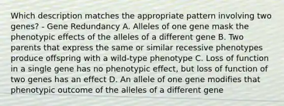 Which description matches the appropriate pattern involving two genes? - Gene Redundancy A. Alleles of one gene mask the phenotypic effects of the alleles of a different gene B. Two parents that express the same or similar recessive phenotypes produce offspring with a wild-type phenotype C. Loss of function in a single gene has no phenotypic effect, but loss of function of two genes has an effect D. An allele of one gene modifies that phenotypic outcome of the alleles of a different gene