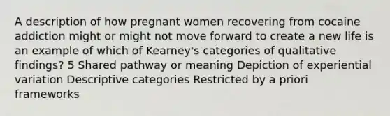 A description of how pregnant women recovering from cocaine addiction might or might not move forward to create a new life is an example of which of Kearney's categories of qualitative findings? 5 Shared pathway or meaning Depiction of experiential variation Descriptive categories Restricted by a priori frameworks