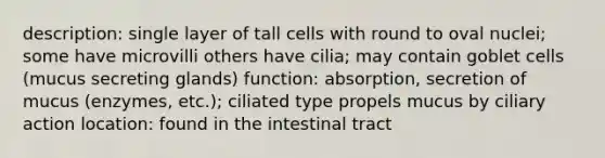 description: single layer of tall cells with round to oval nuclei; some have microvilli others have cilia; may contain goblet cells (mucus secreting glands) function: absorption, secretion of mucus (enzymes, etc.); ciliated type propels mucus by ciliary action location: found in the intestinal tract