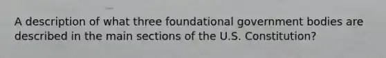 A description of what three foundational government bodies are described in the main sections of the U.S. Constitution?