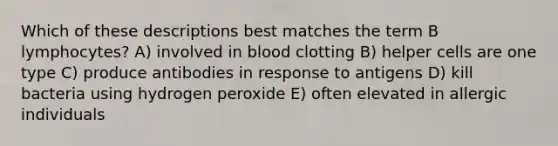 Which of these descriptions best matches the term B lymphocytes? A) involved in blood clotting B) helper cells are one type C) produce antibodies in response to antigens D) kill bacteria using hydrogen peroxide E) often elevated in allergic individuals