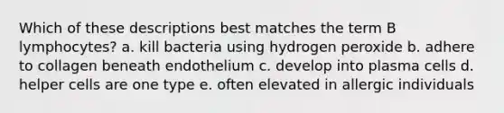 Which of these descriptions best matches the term B lymphocytes? a. kill bacteria using hydrogen peroxide b. adhere to collagen beneath endothelium c. develop into plasma cells d. helper cells are one type e. often elevated in allergic individuals