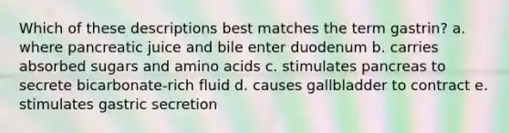 Which of these descriptions best matches the term gastrin? a. where pancreatic juice and bile enter duodenum b. carries absorbed sugars and amino acids c. stimulates pancreas to secrete bicarbonate-rich fluid d. causes gallbladder to contract e. stimulates gastric secretion