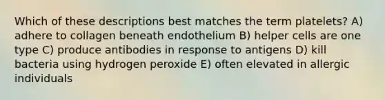 Which of these descriptions best matches the term platelets? A) adhere to collagen beneath endothelium B) helper cells are one type C) produce antibodies in response to antigens D) kill bacteria using hydrogen peroxide E) often elevated in allergic individuals