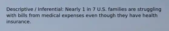 Descriptive / Inferential: Nearly 1 in 7 U.S. families are struggling with bills from medical expenses even though they have health insurance.