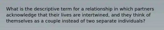 What is the descriptive term for a relationship in which partners acknowledge that their lives are intertwined, and they think of themselves as a couple instead of two separate individuals?