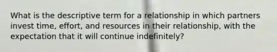 What is the descriptive term for a relationship in which partners invest time, effort, and resources in their relationship, with the expectation that it will continue indefinitely?