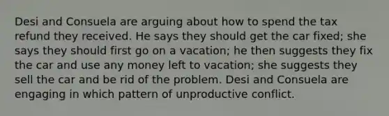 Desi and Consuela are arguing about how to spend the tax refund they received. He says they should get the car fixed; she says they should first go on a vacation; he then suggests they fix the car and use any money left to vacation; she suggests they sell the car and be rid of the problem. Desi and Consuela are engaging in which pattern of unproductive conflict.