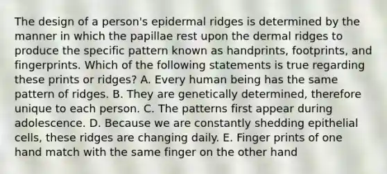 The design of a person's epidermal ridges is determined by the manner in which the papillae rest upon the dermal ridges to produce the specific pattern known as handprints, footprints, and fingerprints. Which of the following statements is true regarding these prints or ridges? A. Every human being has the same pattern of ridges. B. They are genetically determined, therefore unique to each person. C. The patterns first appear during adolescence. D. Because we are constantly shedding epithelial cells, these ridges are changing daily. E. Finger prints of one hand match with the same finger on the other hand