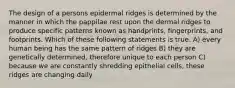 The design of a persons epidermal ridges is determined by the manner in which the pappilae rest upon the dermal ridges to produce specific patterns known as handprints, fingerprints, and footprints. Which of these following statements is true. A) every human being has the same pattern of ridges B) they are genetically determined, therefore unique to each person C) because we are constantly shredding epithelial cells, these ridges are changing daily