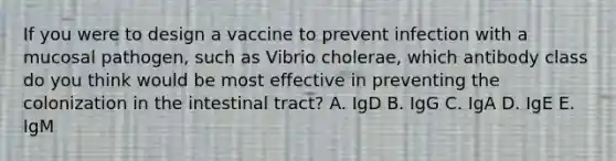 If you were to design a vaccine to prevent infection with a mucosal pathogen, such as Vibrio cholerae, which antibody class do you think would be most effective in preventing the colonization in the intestinal tract? A. IgD B. IgG C. IgA D. IgE E. IgM