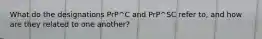 What do the designations PrP^C and PrP^SC refer to, and how are they related to one another?