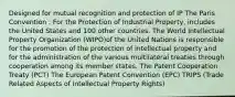 Designed for mutual recognition and protection of IP The Paris Convention : For the Protection of Industrial Property, includes the United States and 100 other countries. The World Intellectual Property Organization (WIPO)of the United Nations is responsible for the promotion of the protection of intellectual property and for the administration of the various multilateral treaties through cooperation among its member states. The Patent Cooperation Treaty (PCT) The European Patent Convention (EPC) TRIPS (Trade Related Aspects of Intellectual Property Rights)