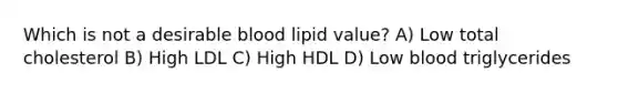 Which is not a desirable blood lipid value? A) Low total cholesterol B) High LDL C) High HDL D) Low blood triglycerides