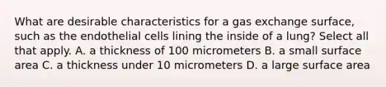 What are desirable characteristics for a gas exchange surface, such as the endothelial cells lining the inside of a lung? Select all that apply. A. a thickness of 100 micrometers B. a small surface area C. a thickness under 10 micrometers D. a large surface area