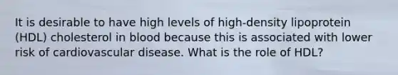 It is desirable to have high levels of high-density lipoprotein (HDL) cholesterol in blood because this is associated with lower risk of cardiovascular disease. What is the role of HDL?