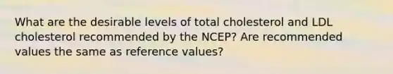 What are the desirable levels of total cholesterol and LDL cholesterol recommended by the NCEP? Are recommended values the same as reference values?