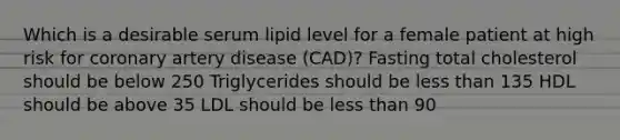 Which is a desirable serum lipid level for a female patient at high risk for coronary artery disease (CAD)? Fasting total cholesterol should be below 250 Triglycerides should be less than 135 HDL should be above 35 LDL should be less than 90